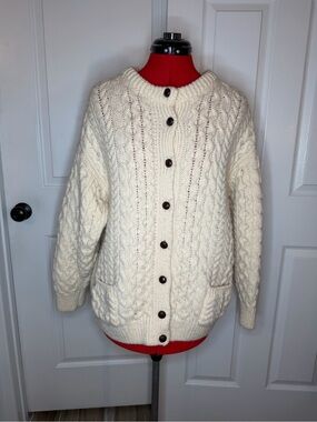 VTG Cladyknit Irish Heritage Ivory Sweater Cardigan Pure Wool Fisherman Women M